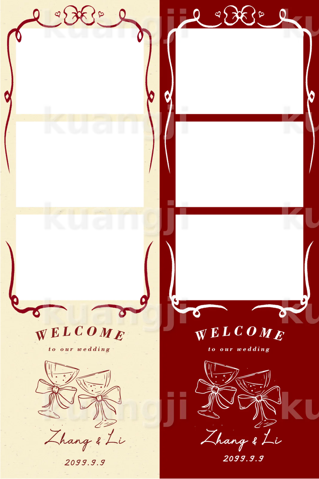 红色法式简约模板 · 竖版多画面 Photobooth 模板预览图