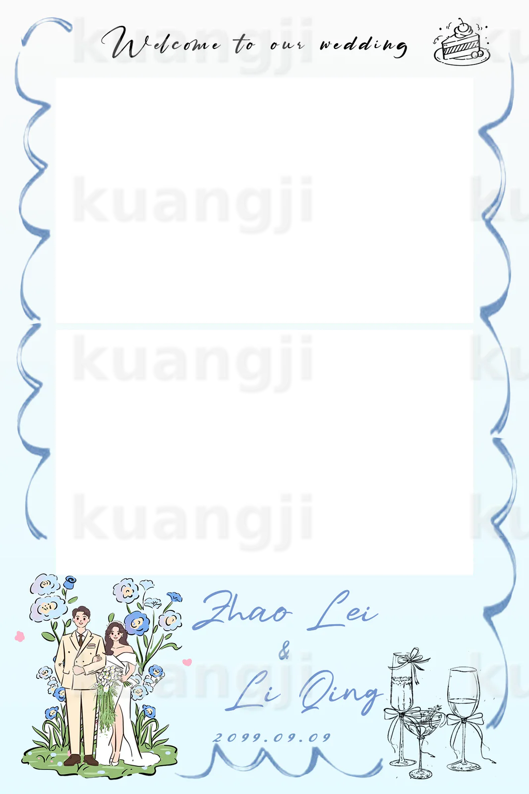 蓝色手绘婚礼模板 · 竖版双画面 Photobooth 模板预览图