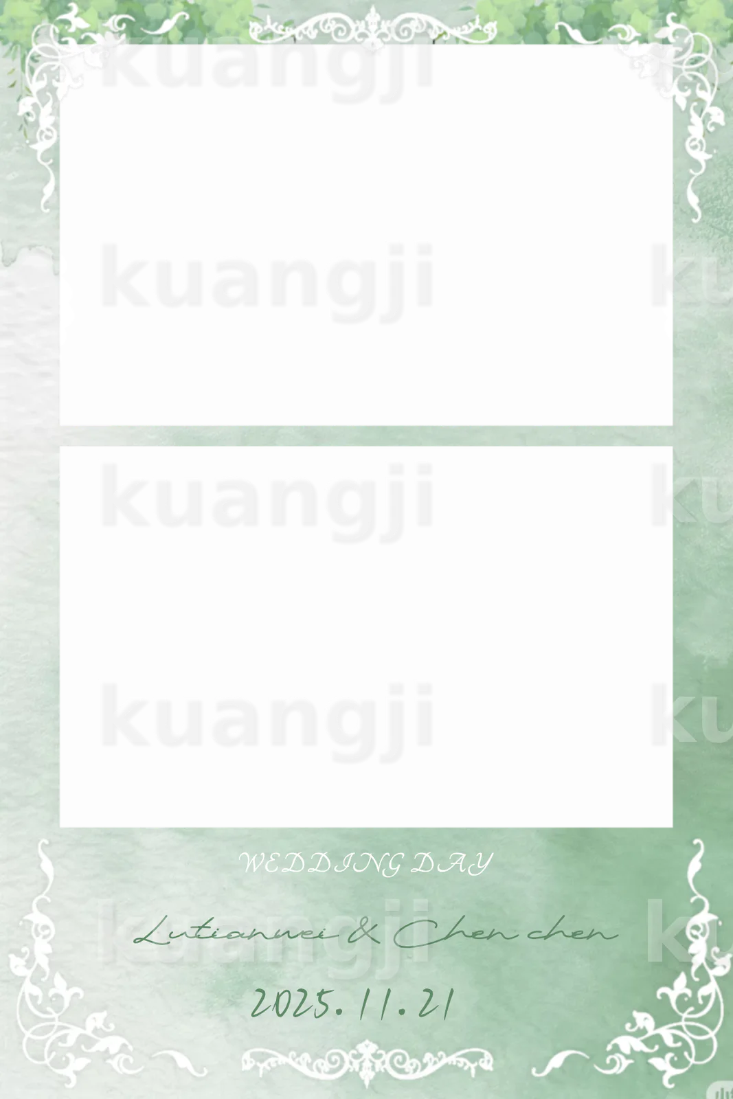 绿色复古花纹模板 · 竖版双画面 Photobooth 模板预览图